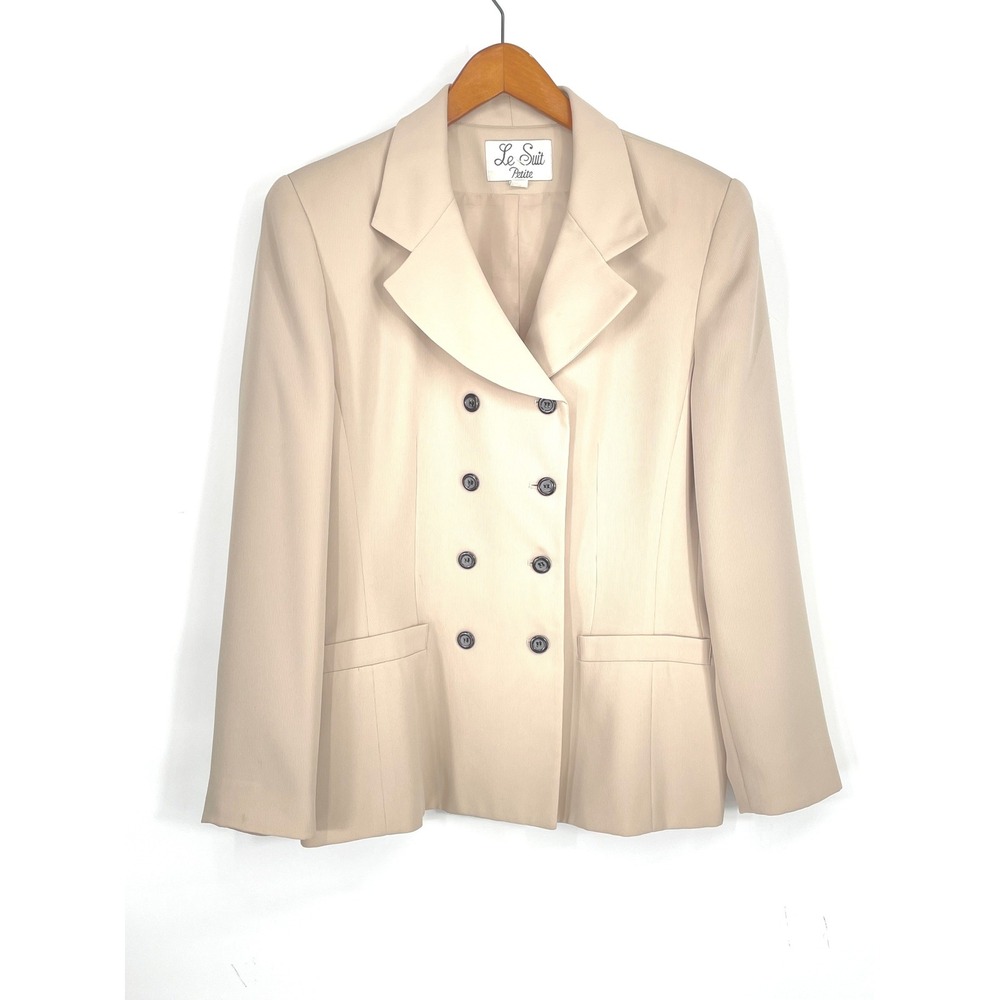 Vintage Le Suit Petite Women Blazer 12P Double Breasted Beige Ribbed Tailored